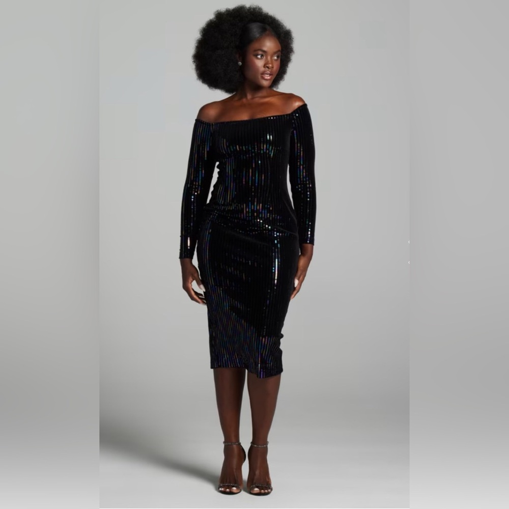 New York & Company Black Sequin Long Sleeve Dress